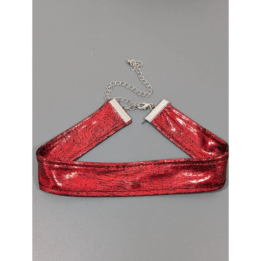 Red Metallic Satin‎ Ribbon Choker Wide Gothic Vamp Y2K 17